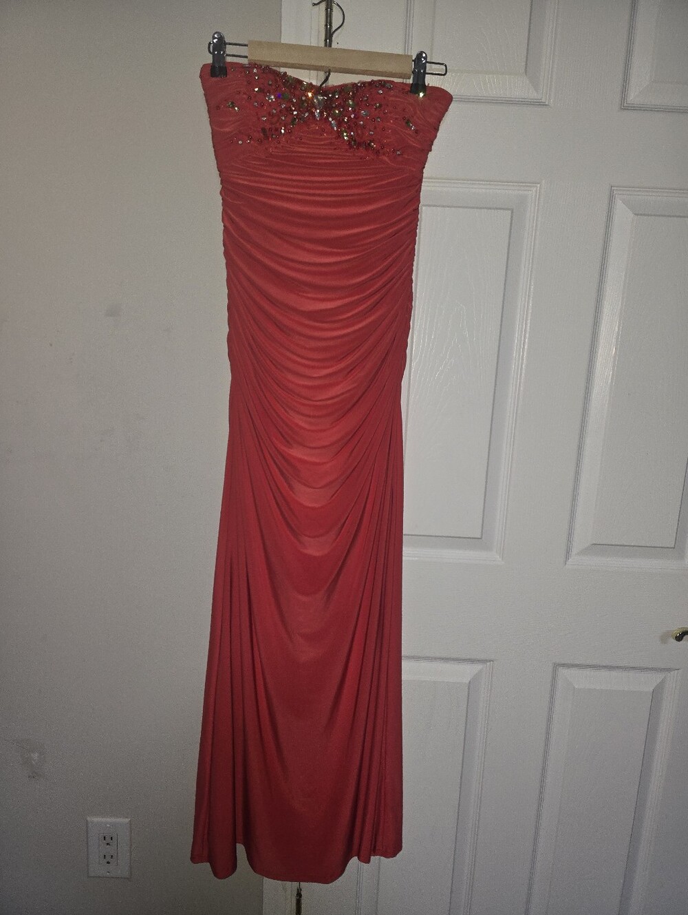 LM Collection Strapless Red Coral Ruched Evening Gown with Beaded Bodice